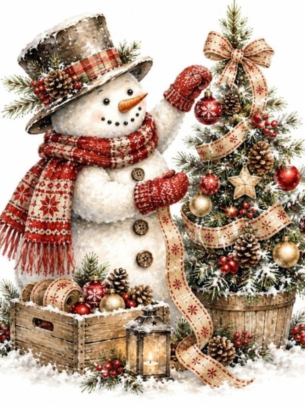 Holiday Snowman & Tree Decorative Print - Red Accents 8x10